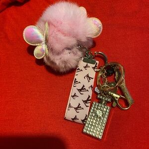 Ladies faux fur pink flower key chain
